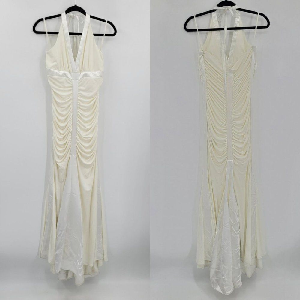 Vtg 80s Jessica McClintock Wedding Dress Gown Sz 8 Ivory Bodycon Fishtail Halter - Picture 3 of 16